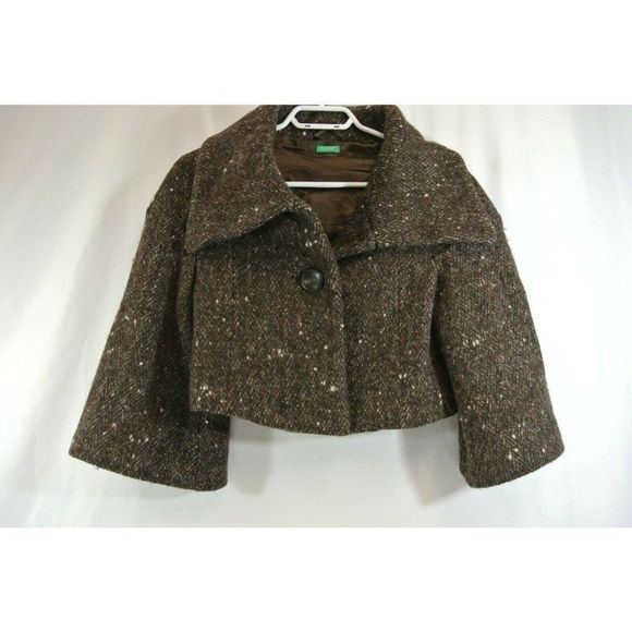 United Colors of Benetton Shrug Bolero Coat Tweed Cropped Brown Size 38 Ladies - Picture 1 of 12